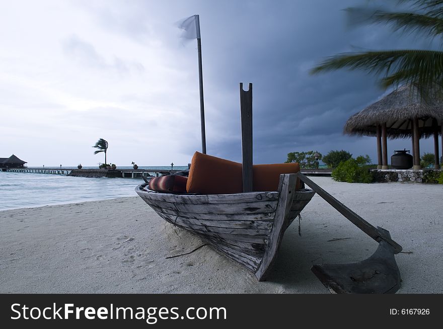 Boat on the shore in Maldives on a windy day. Boat on the shore in Maldives on a windy day