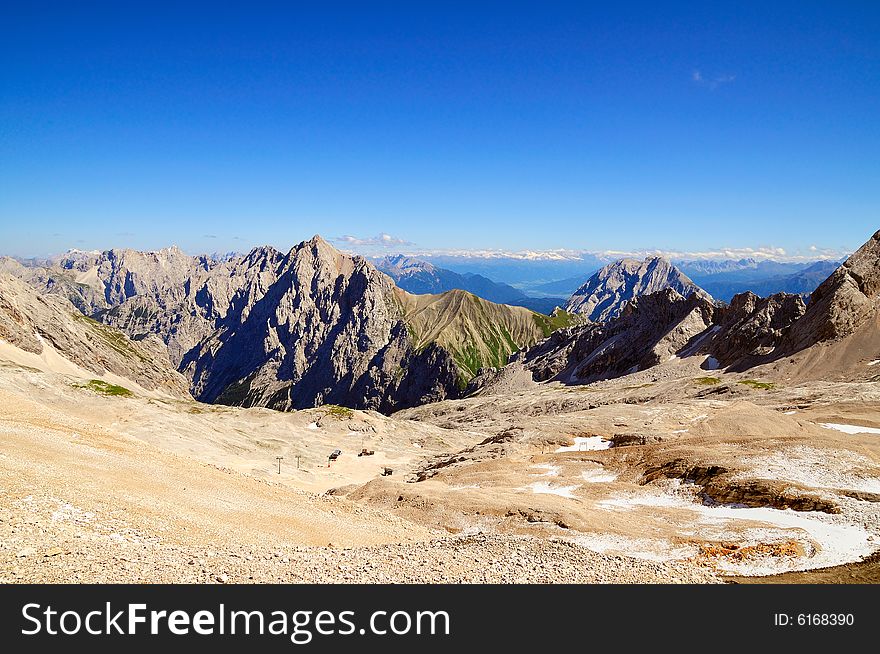 The gorgeous sight on the Zupgspitze plateau, 2600 meters above sea level, German Alps. The gorgeous sight on the Zupgspitze plateau, 2600 meters above sea level, German Alps.