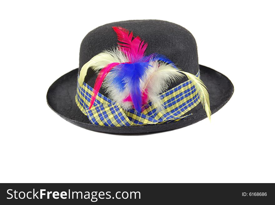 Black hat with feathers isolated on a white background