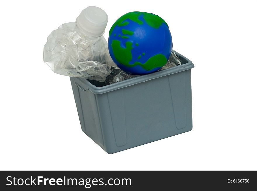 Concept picture with recycled water bottles with an Earth globe in a gray recycling bin. Concept picture with recycled water bottles with an Earth globe in a gray recycling bin.