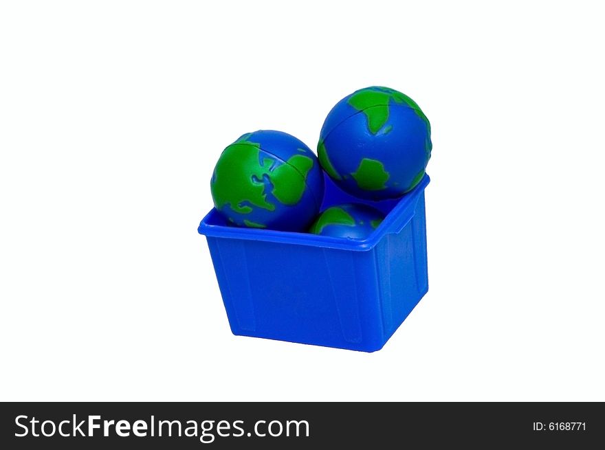 Concept picture with three Earth globes in a blue recycling bin. Concept picture with three Earth globes in a blue recycling bin.