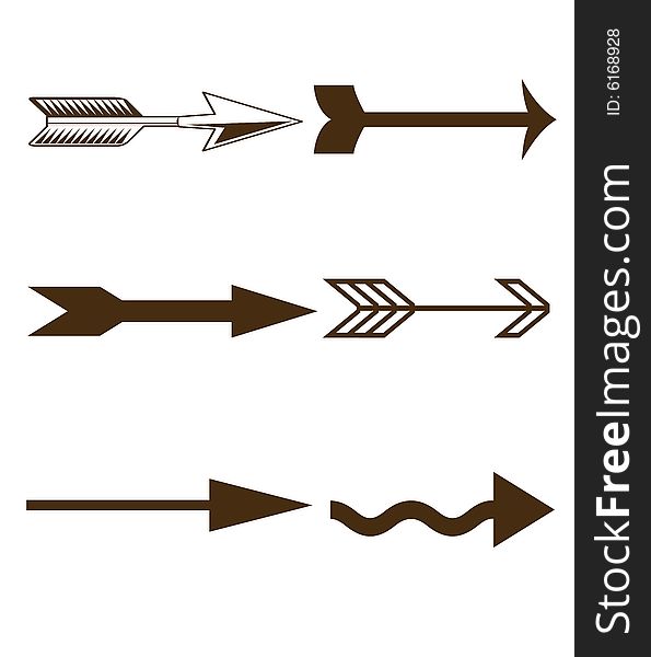 Six shapes arrows in black on white background. Six shapes arrows in black on white background