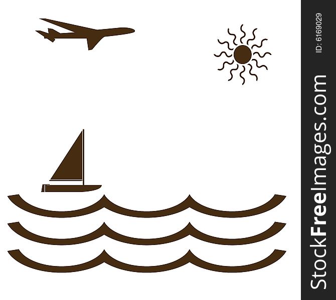 Black  shaped airplane over sea with ship. Black  shaped airplane over sea with ship