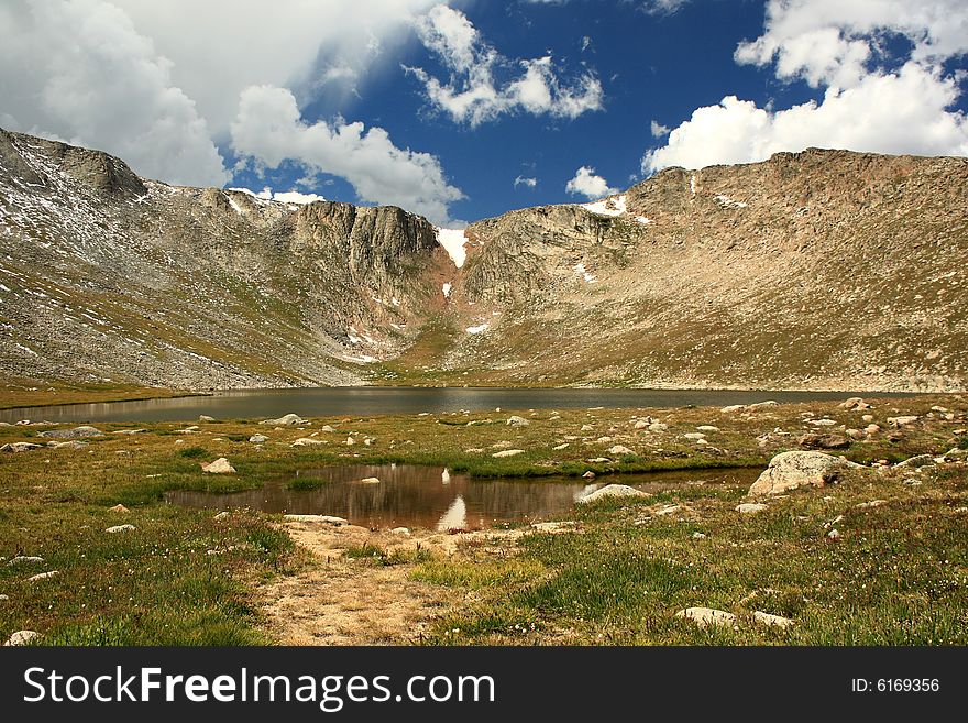 Alpine view of Summit Lake and tundra along road to Mt. Evans in late summer