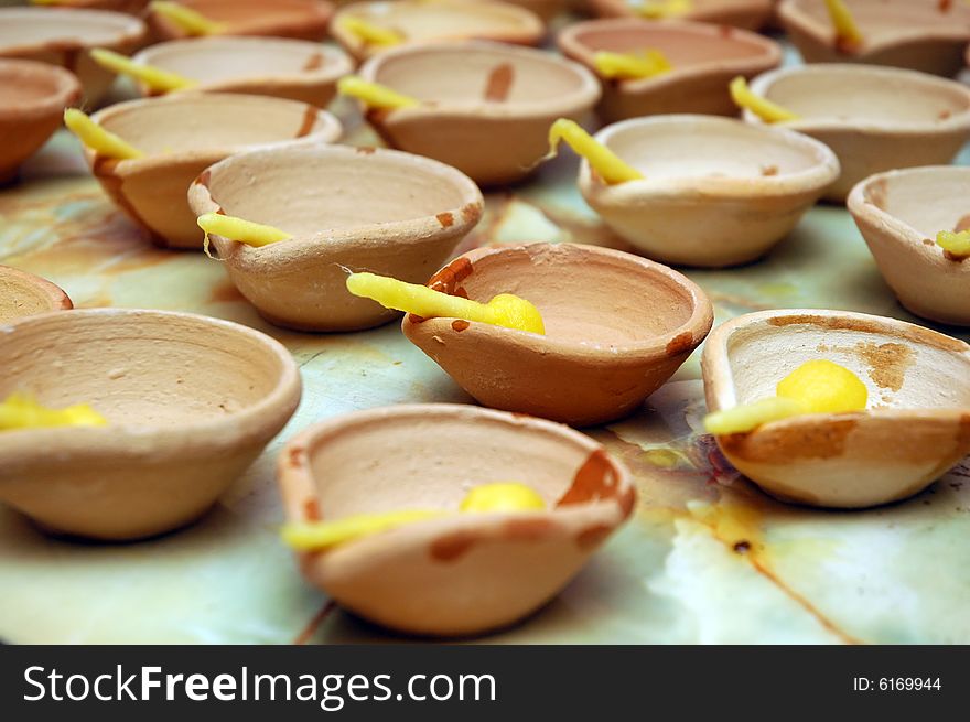 Lots of ghee lamp for offering to Lord Krishna