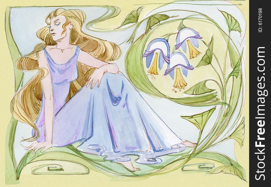 Elegant lady among flowers drawn in the Art Nouveau, or modernist, style.