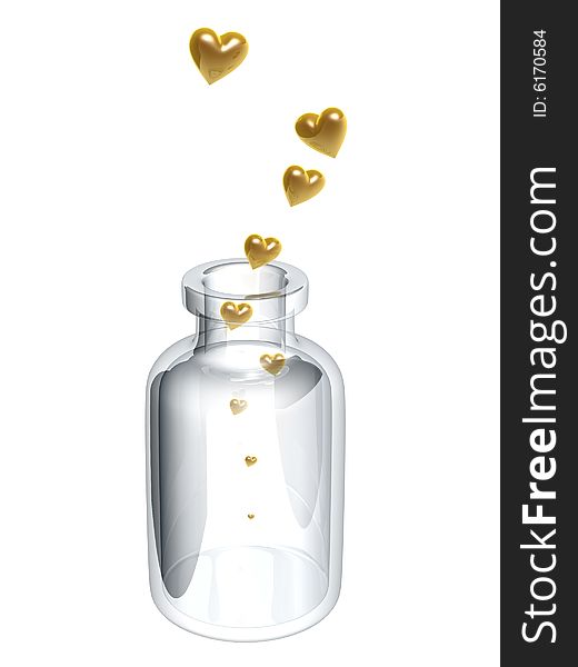 Golden heart in glass bottle isolated on white background. Golden heart in glass bottle isolated on white background