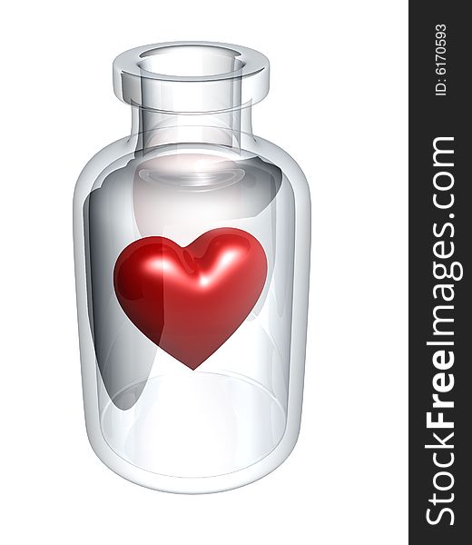 Red heart in glass bottle isolated on white background. Red heart in glass bottle isolated on white background
