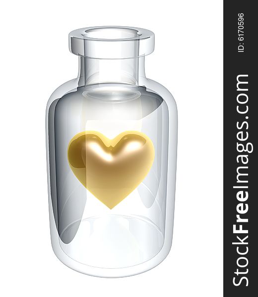 Golden heart in glass bottle isolated on white background. Golden heart in glass bottle isolated on white background