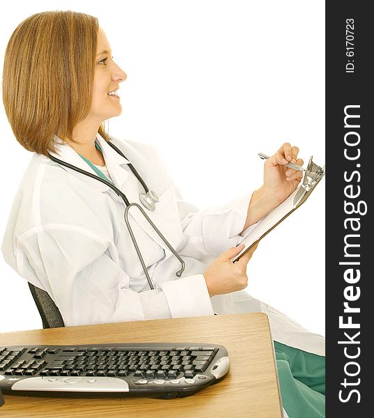 Isolated woman in doctor coat holding and ready to write on clip board, looking to her side. Isolated woman in doctor coat holding and ready to write on clip board, looking to her side