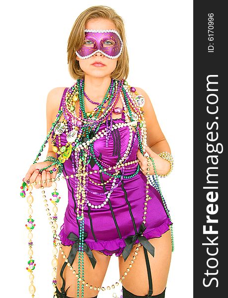 Colorful mardi gras queen holding a lot of beads. isolated on white blackground. Colorful mardi gras queen holding a lot of beads. isolated on white blackground