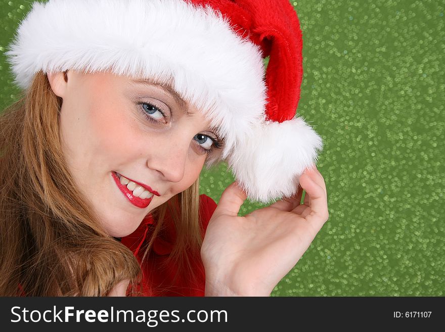 Female Model with red lips wearing a christmas hat. Female Model with red lips wearing a christmas hat