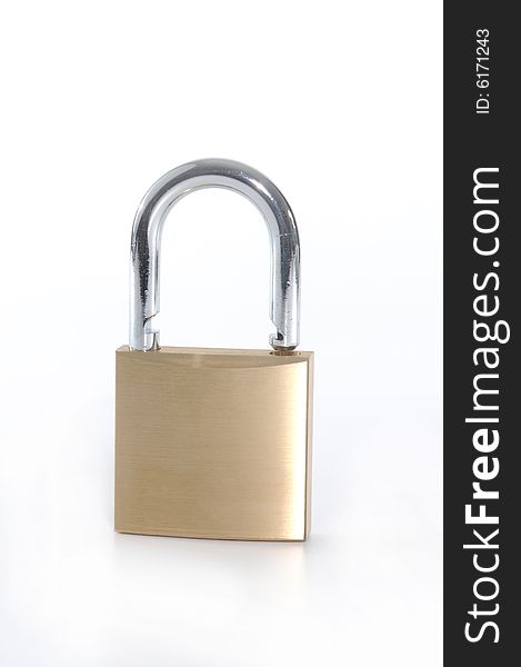 Gold color padlock isolated on white background.