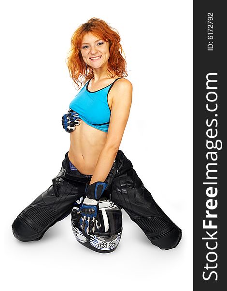 girl with motorcycle equipment. girl with motorcycle equipment