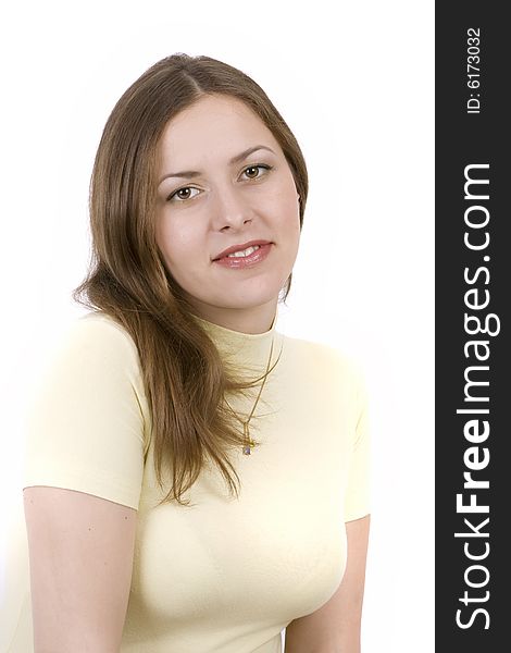 Young cute woman on white background