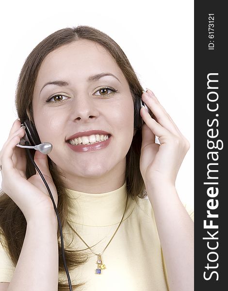 Young woman in earpieces on white