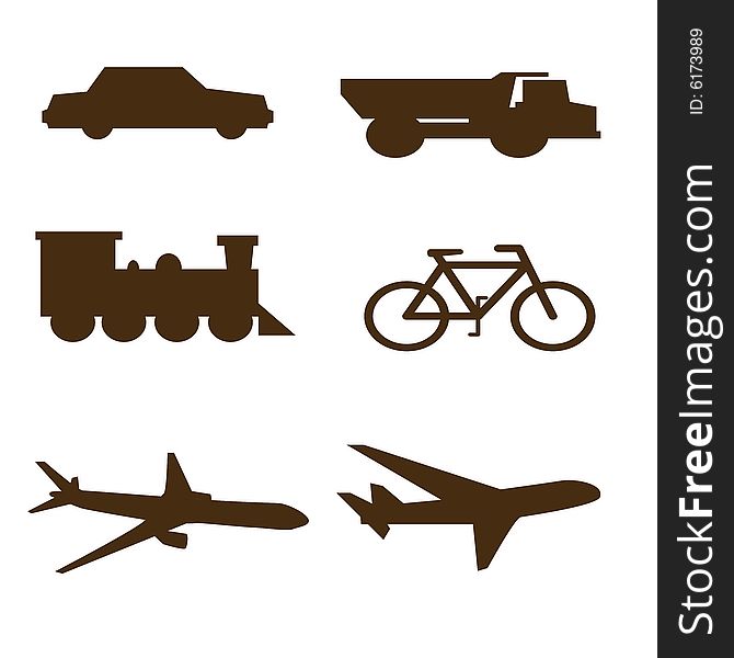 Black  shapes of planes, train, bicycle, car ,truck