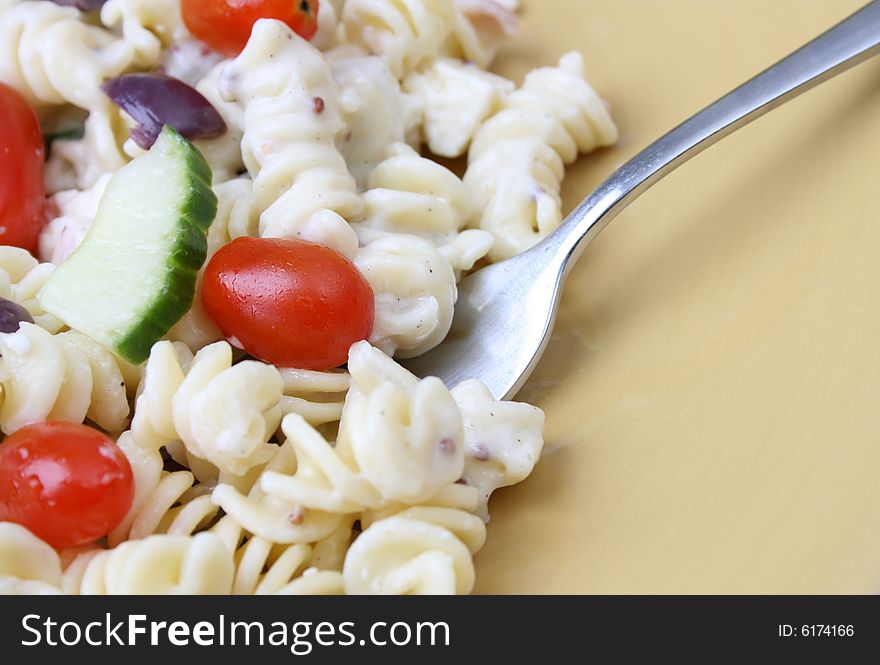 Cold Pasta Salad with tomatoes, cucumbers and olives. Cold Pasta Salad with tomatoes, cucumbers and olives