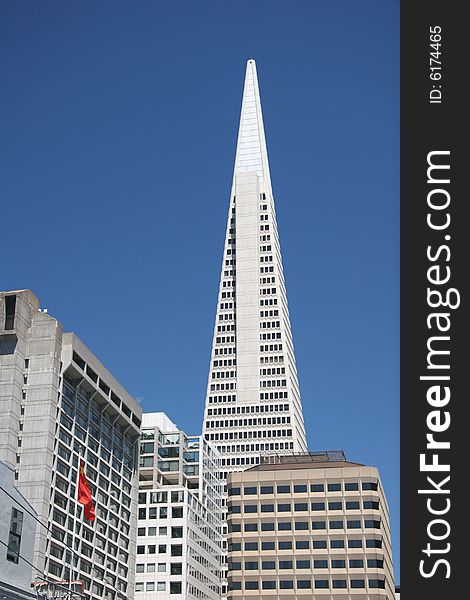 Mighty building - Transamerica Pyramid against clear blue sky. San Francisco. California. USA.