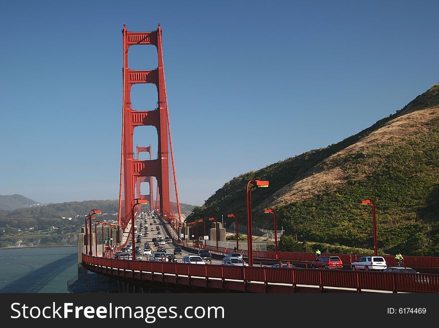 Traffic flows along the Golden Gate Bridge. San Francisco. California. USA