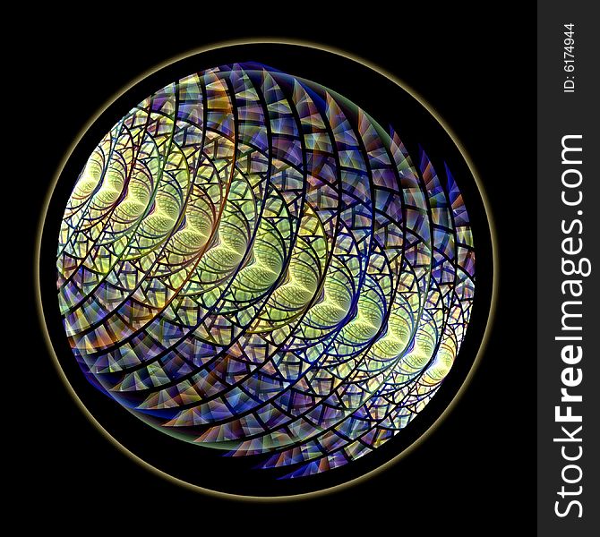 Abstract fractal image resembling a rolling stained glass hoop