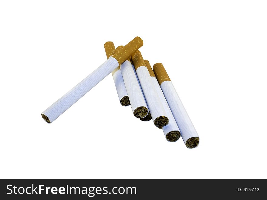 A group of seven no-name brand, generic cigarettes isolated against a white background. A group of seven no-name brand, generic cigarettes isolated against a white background.