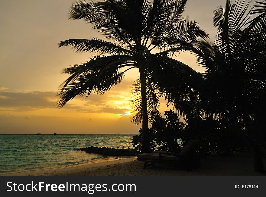 View of sunset on a tropical beach in Maldives