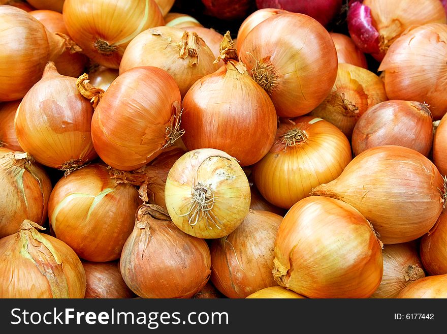 Bunch of organic onions on the market