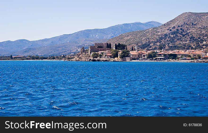 Village with ruins on Mediterranean Beach. Samos Island, Greece. Village with ruins on Mediterranean Beach. Samos Island, Greece.