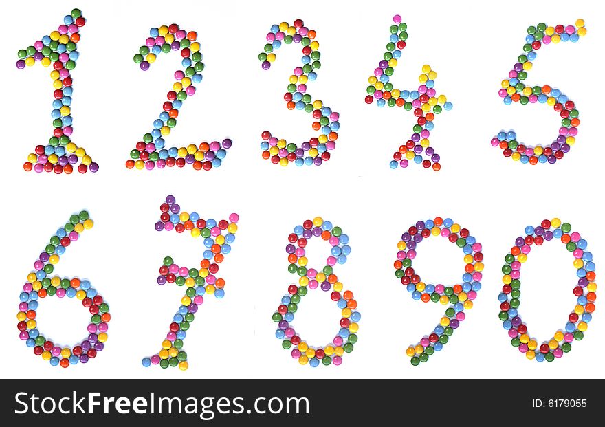 Big numbers one to zero made of candies isolated on white. Big numbers one to zero made of candies isolated on white