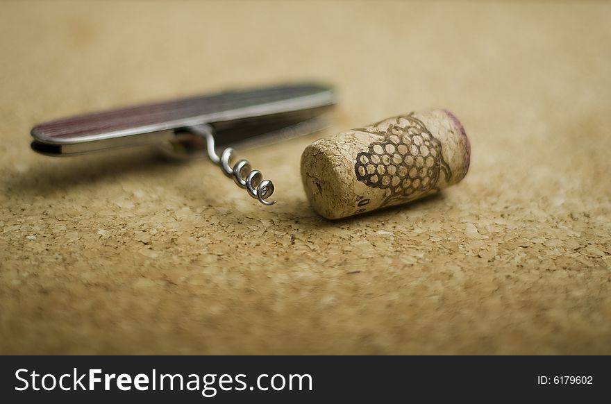 Cork and corkscrew macro shot