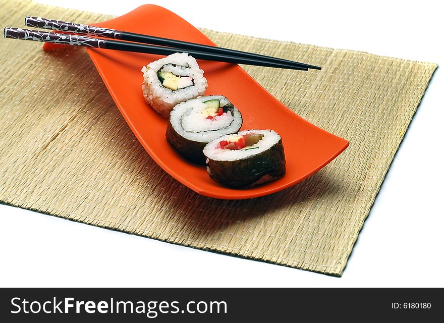 Sushi, Japanese food in a bowl and hashi.