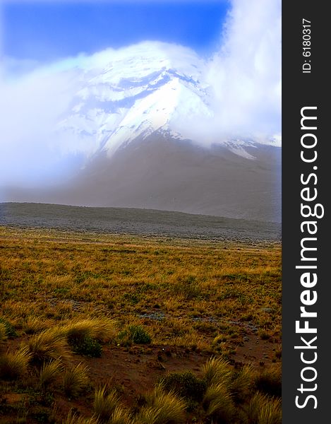 Snow mountain with field and blue sky. Snow mountain with field and blue sky