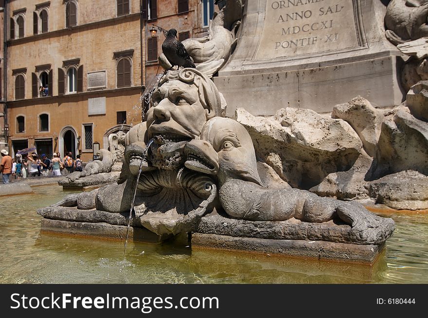 Part of fountain on Piazza della rotonda, near Pantheon. Rome, Italy.