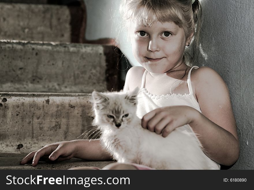 Friends. Smiling girl with a kitten in her arms. Friends. Smiling girl with a kitten in her arms