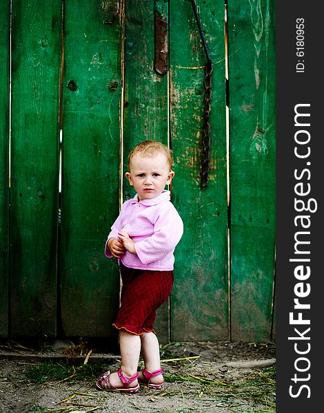 Portrait of a litle girl near green fence. Portrait of a litle girl near green fence