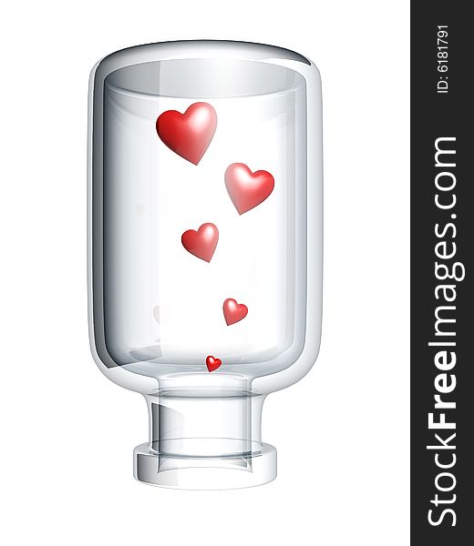 Red heart in glass bottle isolated on white background. Red heart in glass bottle isolated on white background