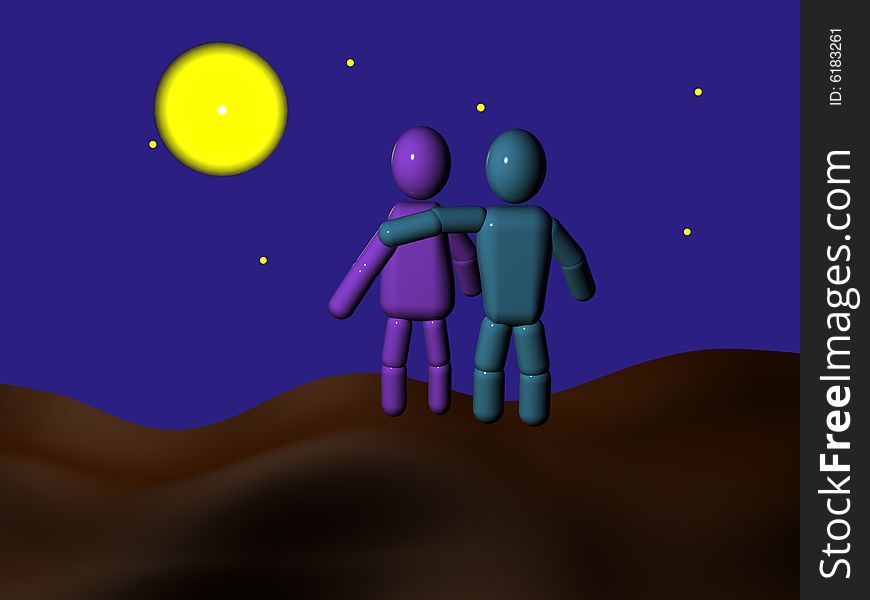 Couple of 3d persons  embracing by moonlight. Couple of 3d persons  embracing by moonlight