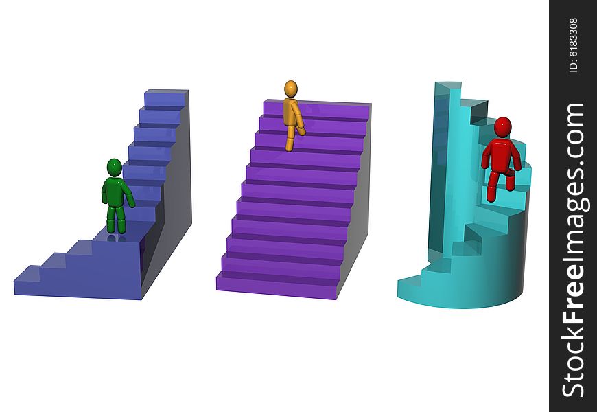 3d persons going upstairs. Isolated on white background.