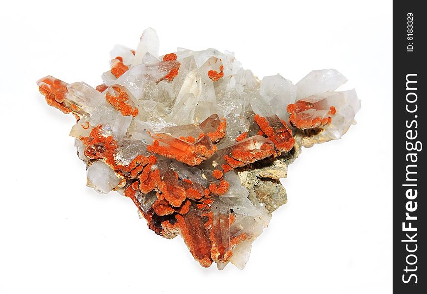 Crystals of a kaltsit and quartz on a white background