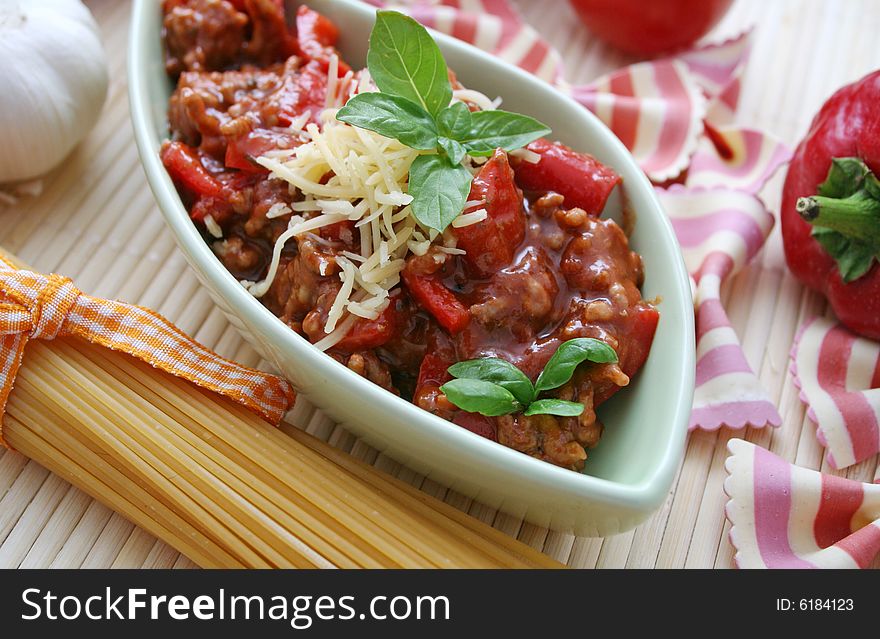 Fresh italian pasta with a sauce of meat and tomatoes