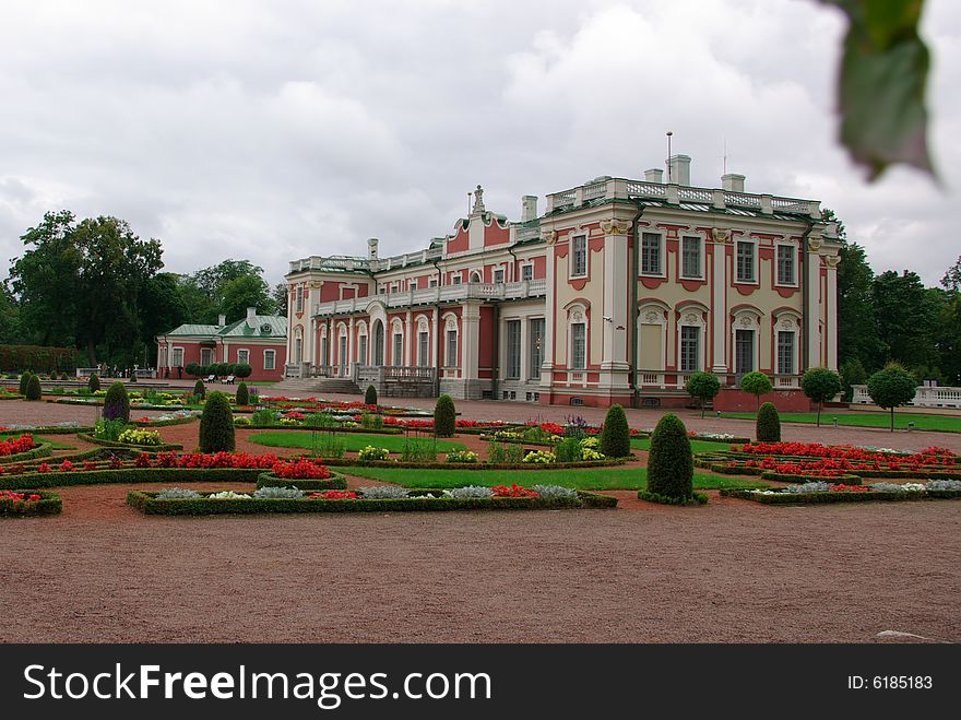 Side view of historical Kadriorg Palace in Tallinn Estonia. The Palace is the Office of the President of the Republic of Estonia. The Kadriorg Palace was designed by architect Alar Kotli and was completed in summer 1938.