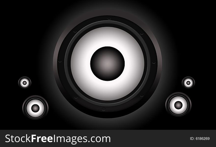 Computer illustrated speakers on a black background.