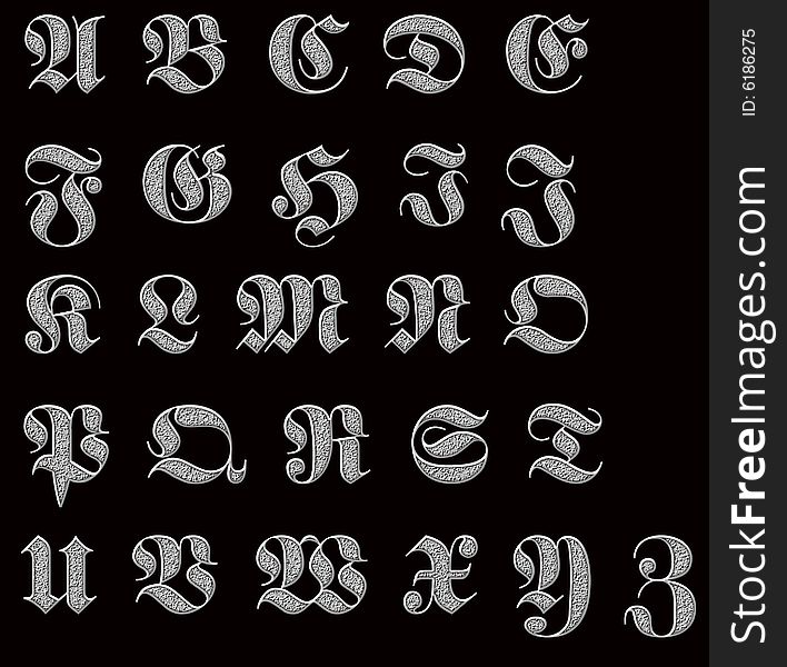 Computer illustrated sparkling alphabets on black background.