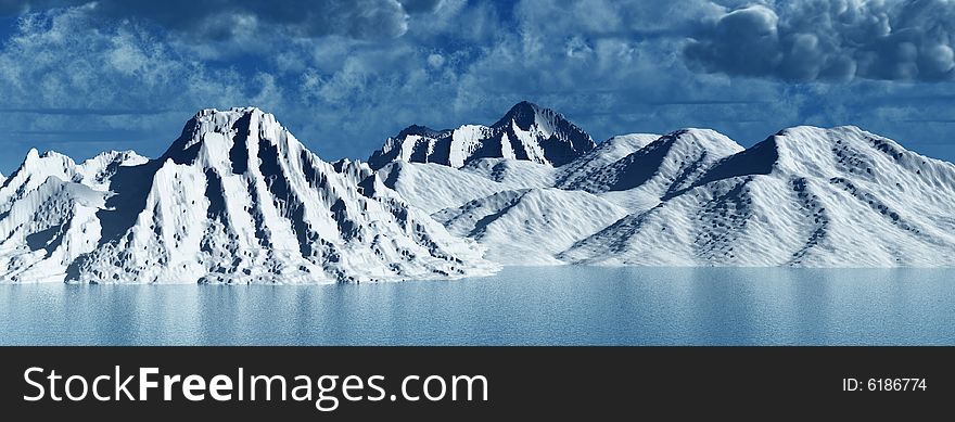 Snow peak mount on a blue sea.