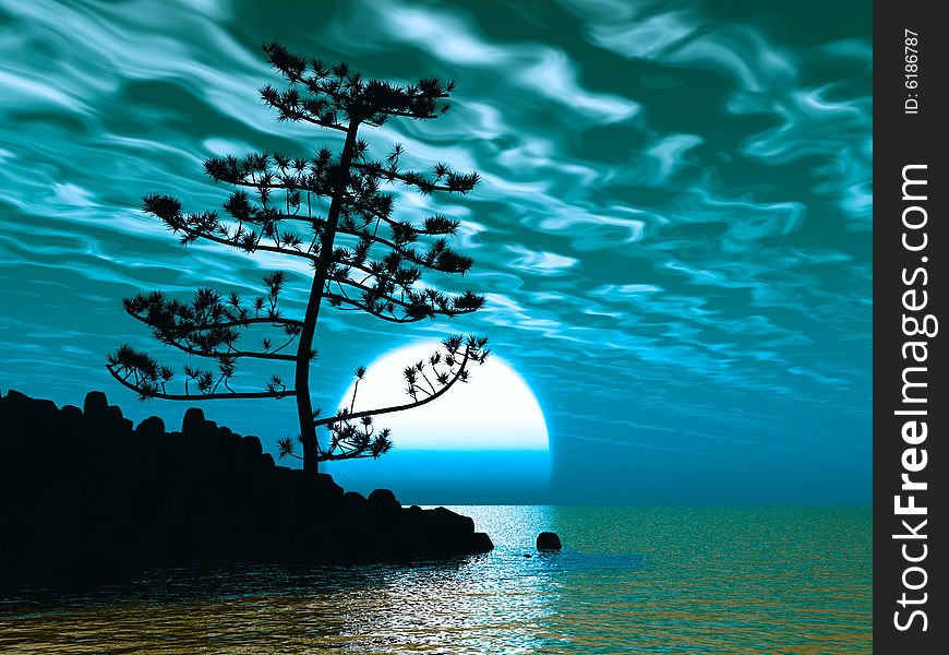 Pine tree at sea coast - digital artwork.