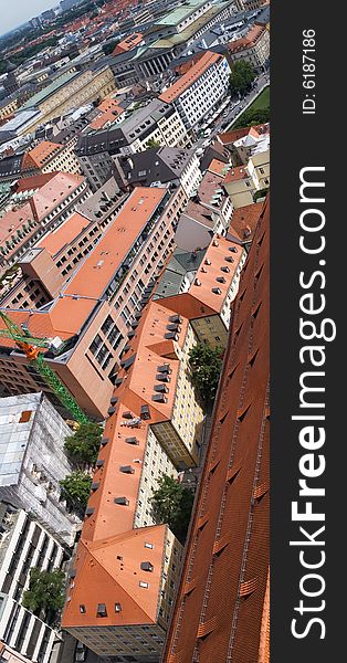 Tile roofs of Munich (Munchen), Germany. View from Frauenkirche Church. Tile roofs of Munich (Munchen), Germany. View from Frauenkirche Church