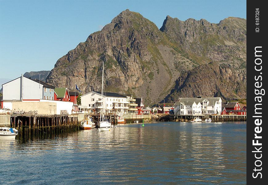 Henningsvaer docks Lofoten islands, norwegian arctic sea. Henningsvaer docks Lofoten islands, norwegian arctic sea