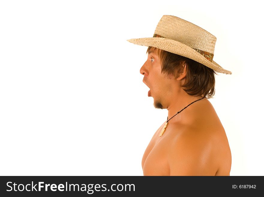 Isolated portrait of astonished man in straw hat