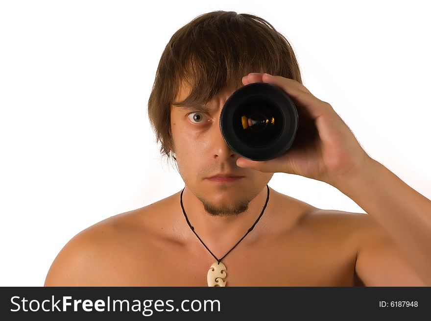 Isolated portrait of young man looking through object-glass. Isolated portrait of young man looking through object-glass